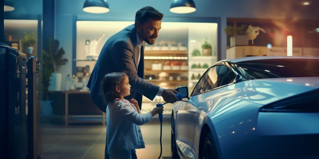 Progressive father and daughter plugs EV charger from home charging station to electric vehicle. Future eco-friendly car with EV cars powered by renewable source of clean energy. High quality photo